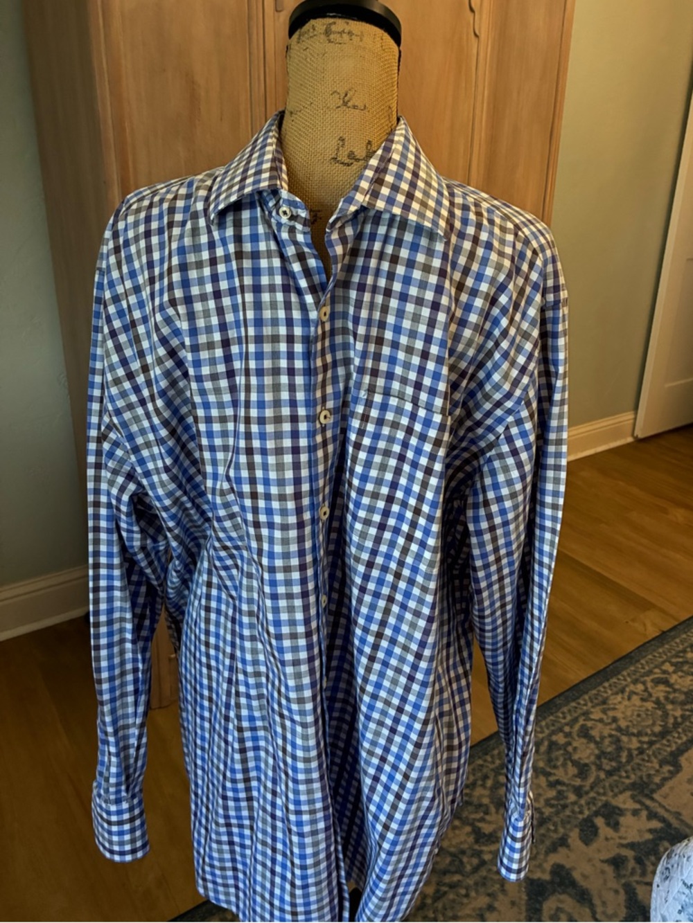 Peter Millar Cotton gingham Check blue brown white Button Down Shirt XL